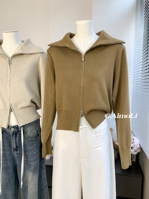 Autumn and Winter Large Lapel Short Style Elegant Thick Outerwear Sweater for Women, Korean Style Double Zipper Unique Knit Top