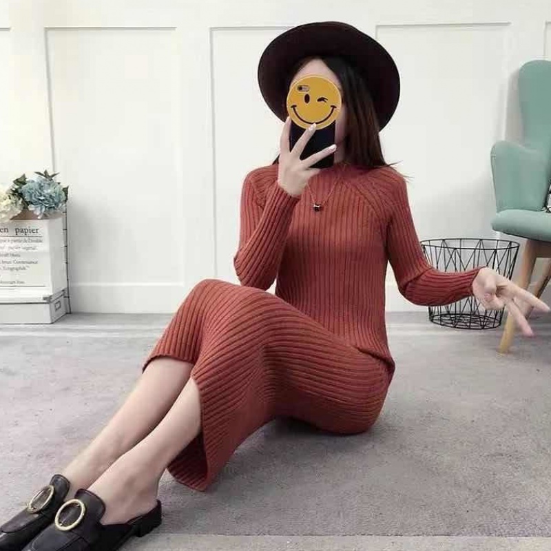 Brick RedCrew neck thickening Super long Wool dress Over the knee Self cultivation Show thin Bottom up knitting Dress 2021 Autumn and winter Dress