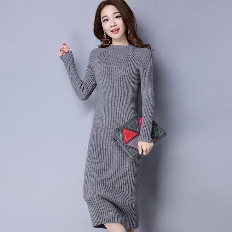 GreyCrew neck thickening Super long Wool dress Over the knee Self cultivation Show thin Bottom up knitting Dress 2021 Autumn and winter Dress