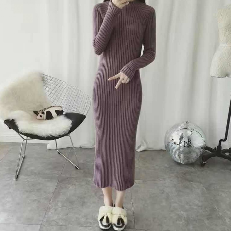 Bean PasteCrew neck thickening Super long Wool dress Over the knee Self cultivation Show thin Bottom up knitting Dress 2021 Autumn and winter Dress