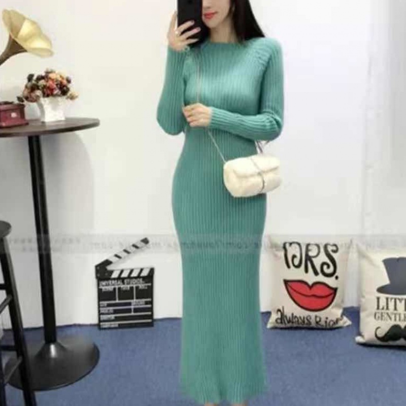 GreenCrew neck thickening Super long Wool dress Over the knee Self cultivation Show thin Bottom up knitting Dress 2021 Autumn and winter Dress