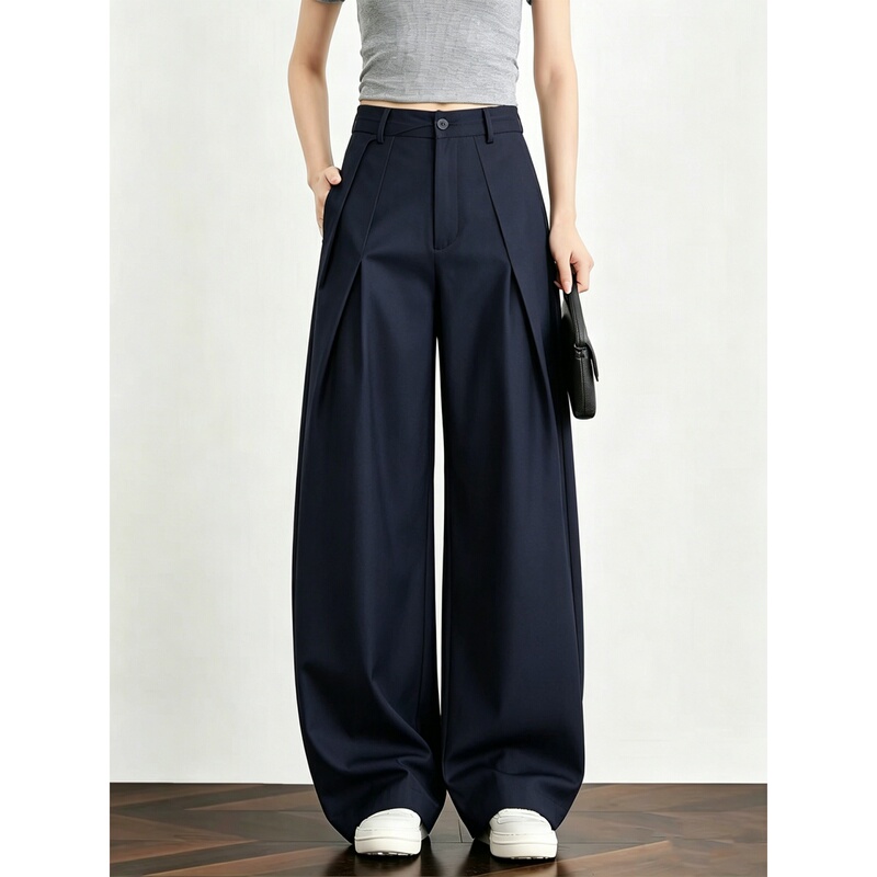 Navy Blue High-Waisted Casual Wide-Leg Pants for Women, 2026 Summer New Style, Extra-Long Drapey Floor-Length Wide-Leg Pants for Tall Women