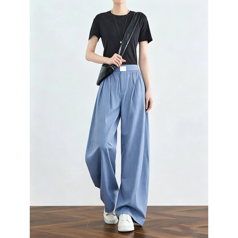 Blue Retro Lazy Style Striped Casual Wide-Leg Pants for Women 2026 Summer New Model for Tall Individuals, Extended Length Straight Pants
