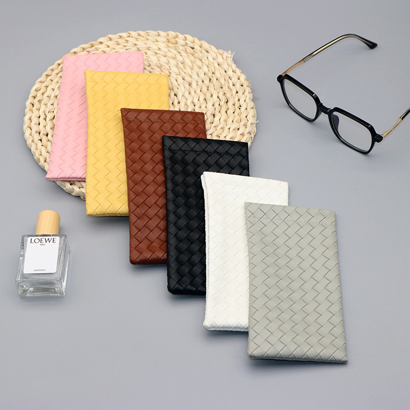 New Simple and Stylish Glasses Case, Solid Color Woven Pu Leather Glasses Storage Bag, Spring-Loaded Myopia Sunglasses Pouch