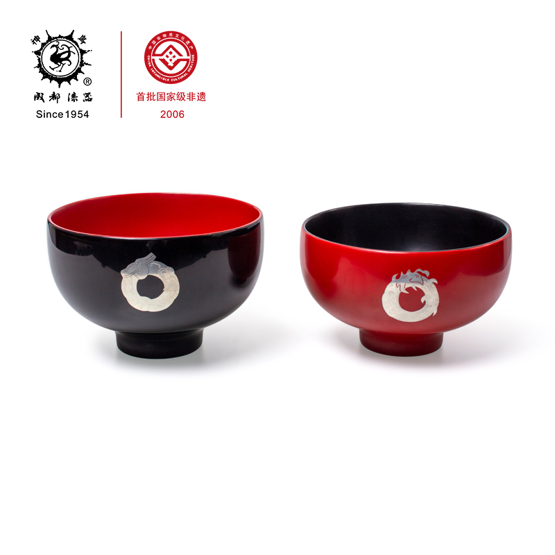 Chengdu lacquerware) Large lacquer non-heritage craft gift decoration Happy bowl Wedding pair bowl High foot wooden bowl Dragon and phoenix bowl set
