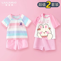 Костюм с короткими рукавами (розовый полосатый кролик + маленький красивый кролик)