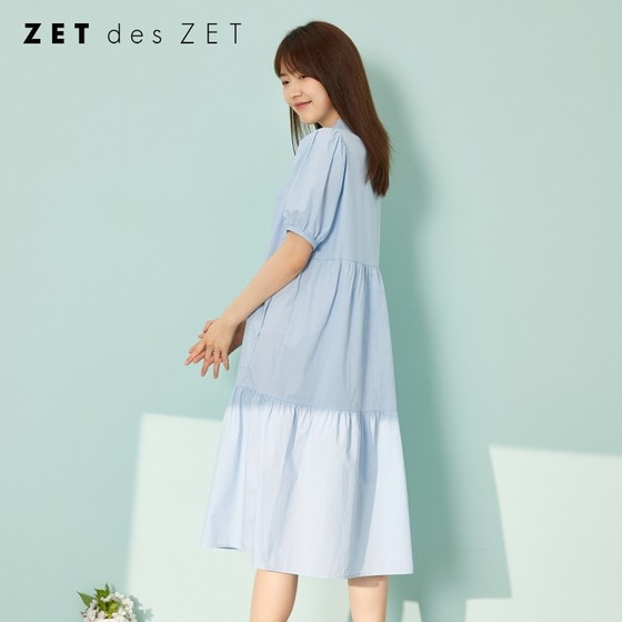 ZETdesZET 퍼프 슬리브 퓨어 코튼 셔츠 칼라 중간 길이 스커트 디자인 스티치 여성용 반팔 드레스