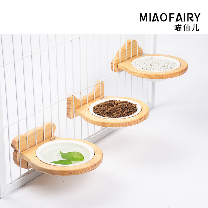 Cat bowl dog bowl cat cage dog cage hanging bowl hanging ceramic stainless steel solid wood fixed Cat Basin Dog Basin food basin supplies