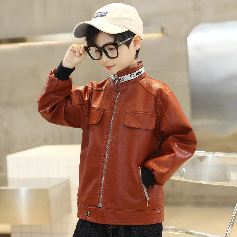 Boys' leather jackets spring and autumn 2022 new children's leather jackets spring middle-aged children handsome children Western style plus velvet tide