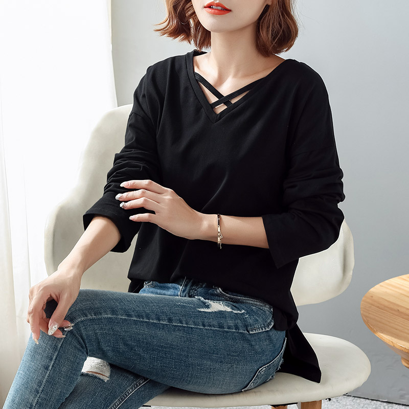 Fall black cross collar Lazy Wind large size lenient Long sleeves T-shirt Female Chains in Long version blouses Korean version