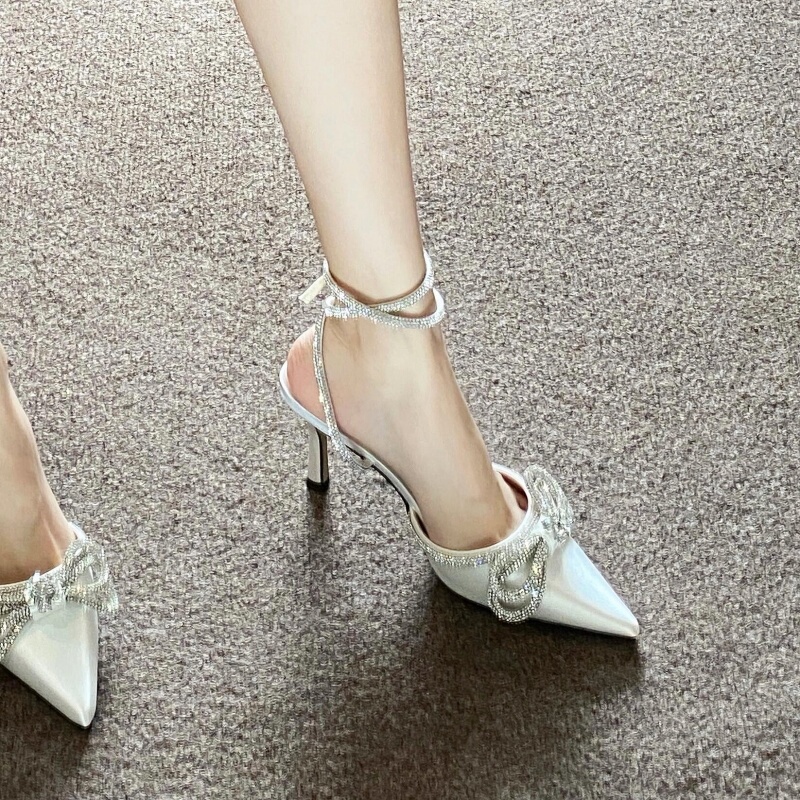 Stunning Sparkling Diamonds! White Rhinestone Strap High Heels for Women, Summer Pointed Toe Stiletto with Bow, Roman Sandals Stunning Sparkling Diamonds! White Rhinestone Strap High Heels for Women, Summer Pointed Toe Stiletto with Bow, Roman Sandals