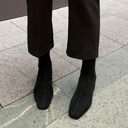 Genuine leather thick heel short boots for women 2025 autumn and winter new square toe high heel suede nude boots black elastic sock boots slim boots