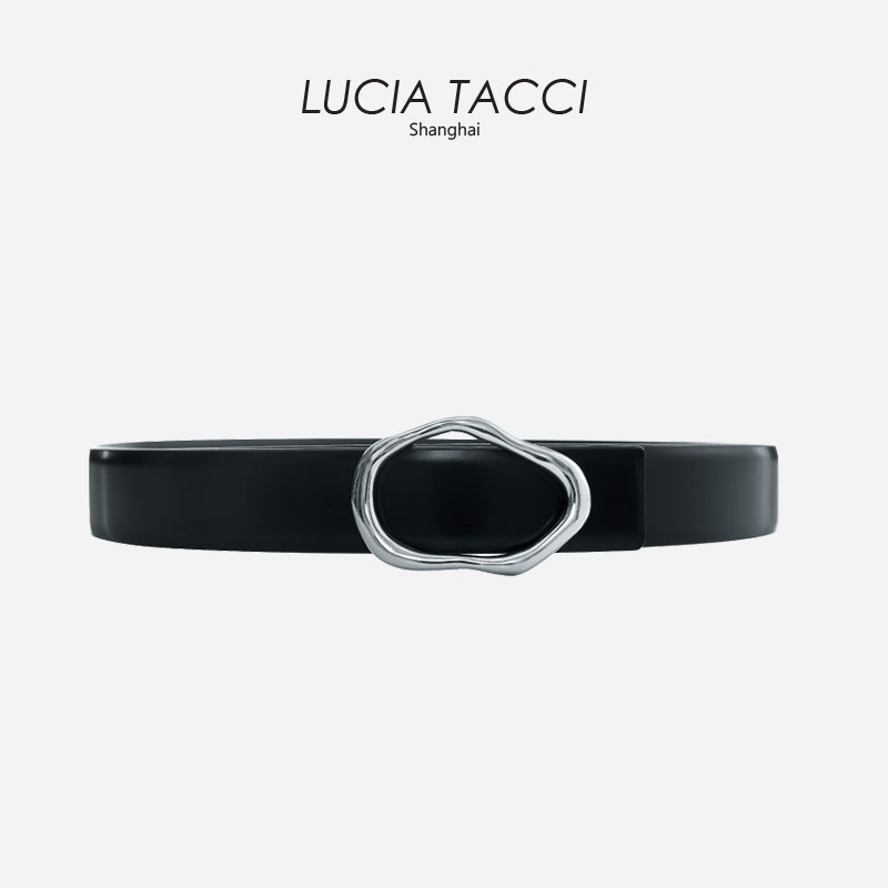 LUCIA TACCI (designer original new product) black coffee two sides calfskin Sichuan Fritillaria buckle belt belt female