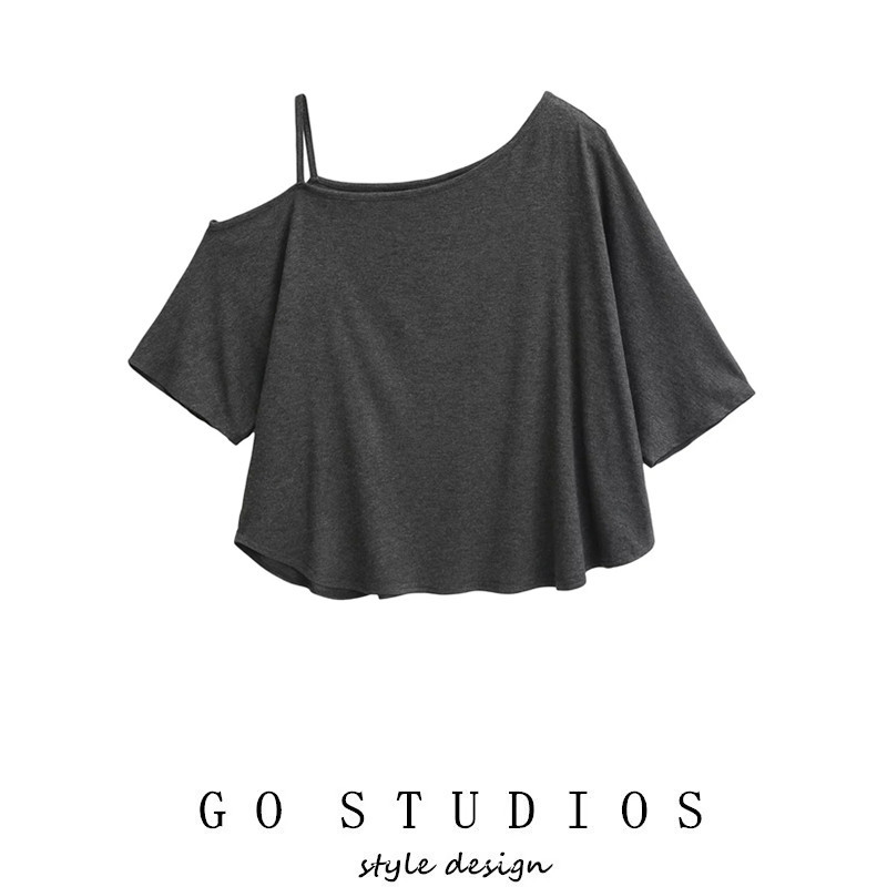 Jazz Street Dance Loose Slimming Short Blouse New Women's Clothing Lazy Off-Shoulder Irregular Slanted Shoulder Short-Sleeved T-Shirt