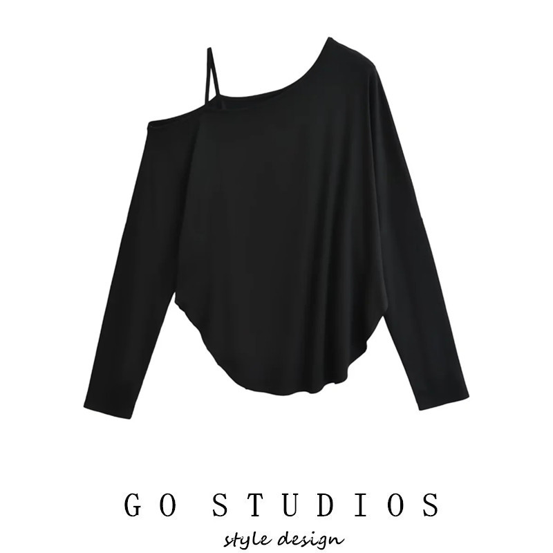 Jazz Street Dance Loose Slimming Blouse New Women's Clothing with a Lazy and Elegant Style, Off-Shoulder, Asymmetrical Shoulder, Long-Sleeved T-Shirt