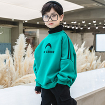 Boys High Collar Plus Velvet Sweater Autumn and Winter 2021 New Western Style Large Childrens Clothes Top Boys Thickened base shirt