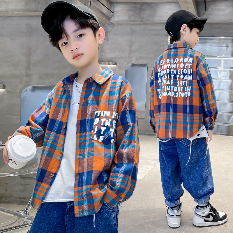 Boy Shirt Spring Autumn 2022 New Fried Street CUHK Children's Dress Plaid Shirt Boy Spring Dress Long Sleeve Blouse Tide