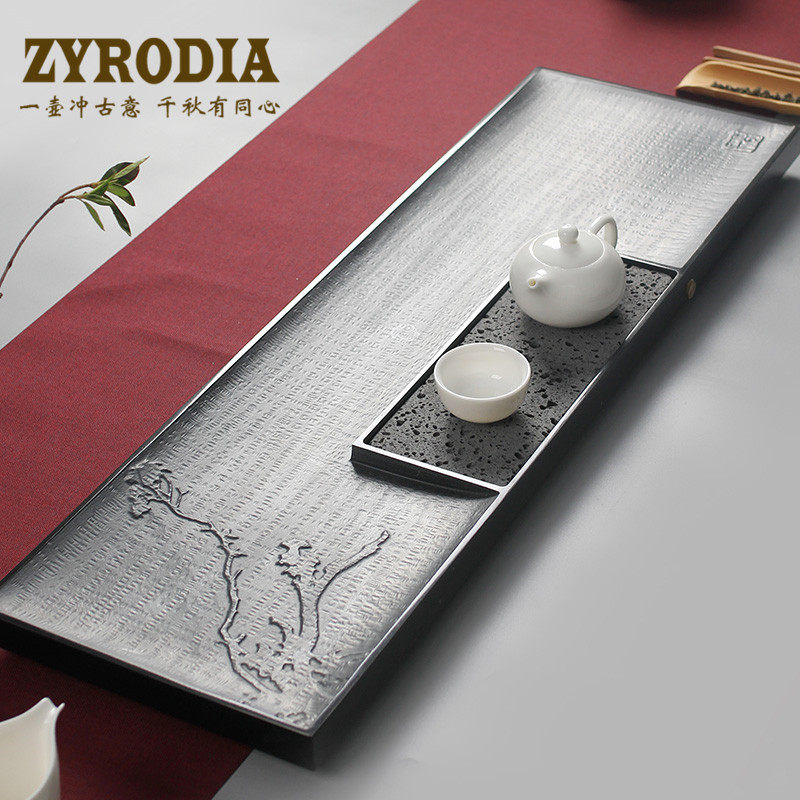 ZYRODIA Natural Whole block Black Gold Stone Tea Tray Set Dry brew Gongfu Tea Set Tea table Household water storage Small tea