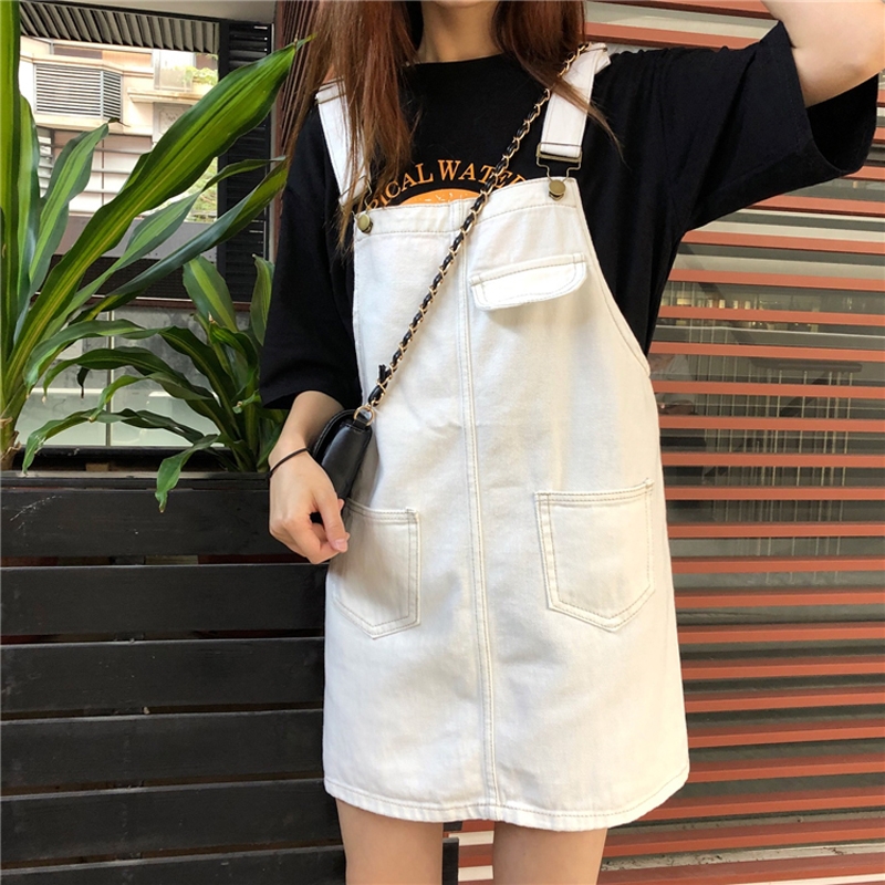 Skinny dây đeo váy mùa xuân / mùa hè Hàn Quốc phiên bản váy loose-fitting strappy sling váy denim váy sinh viên vừa chiều dài váy