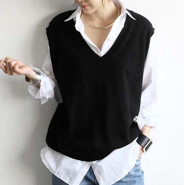 Mùa xuân và mùa thu mới V-cổ đan màu vest áo len ngắn tay loose-fitting lớn mã áo len