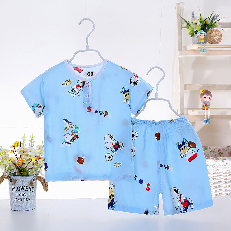 Mùa xuân và mùa hè ngắn tay trẻ em Pyjama trẻ em trai và trẻ em gái lụa trẻ em ngắn tay bé bông lụa nhà quần áo mỏng phù hợp.