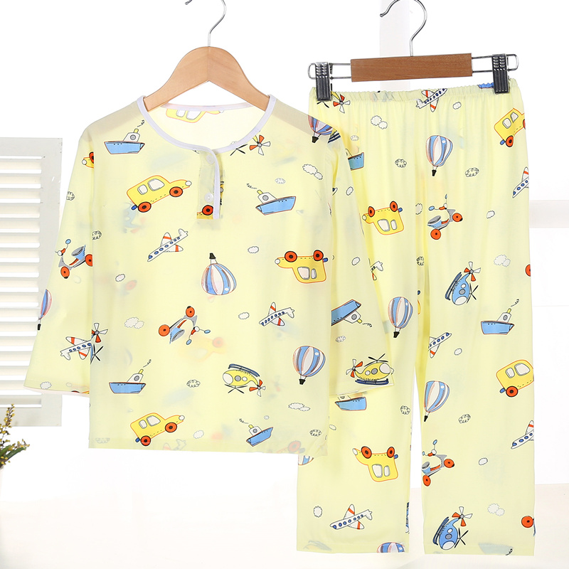 Mùa xuân và mùa hè childrens lụa pajama set trai bông chàng trai lụa và cô gái trẻ lớn Hàn Quốc phiên bản quần áo mỏng dài tay máy lạnh.