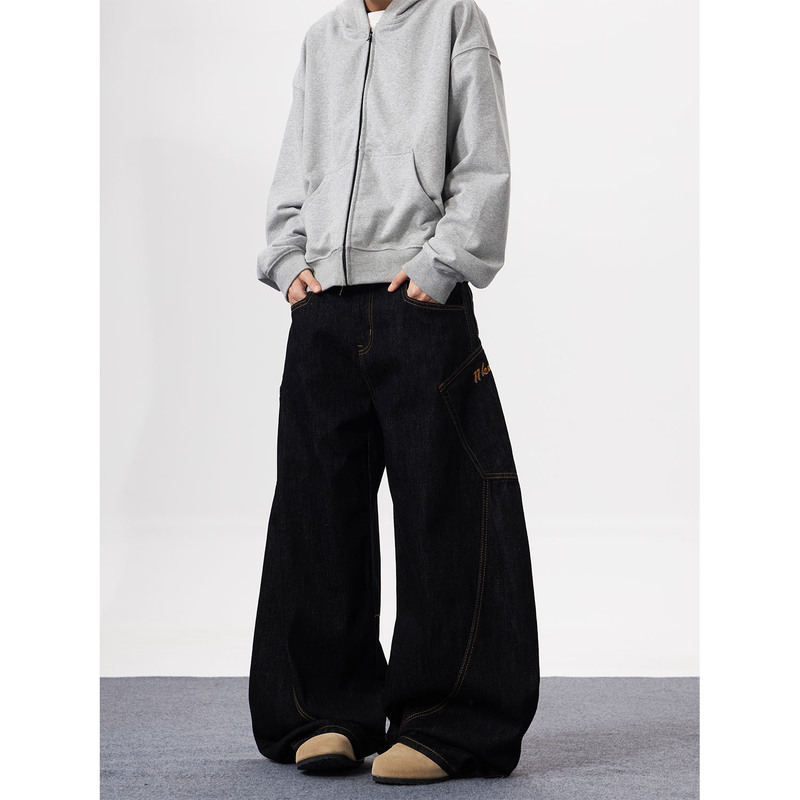 Kynos American High Street Large Pocket Scimitar Jeans Unisex Retro Cool Baggy Wide-Leg Casual Long Pants Trendy