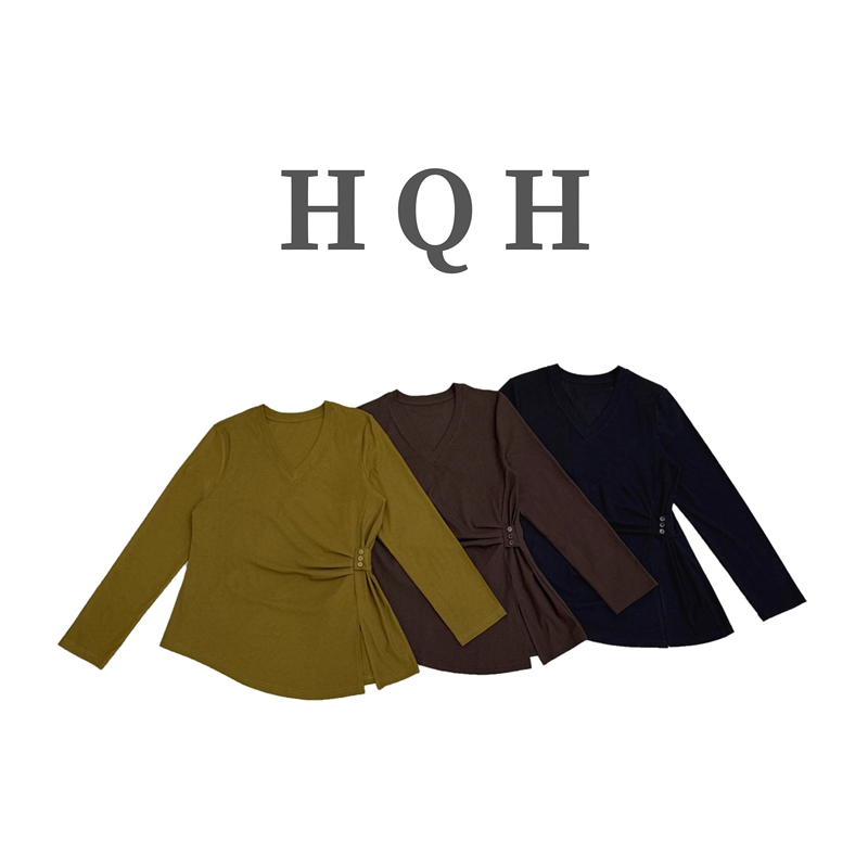 『1556~1613 # Fashionable V-Neck with Subtle Irregular Slit, Elegant Pleated Waist, Regular Shoulder, Commuter T-Shirt