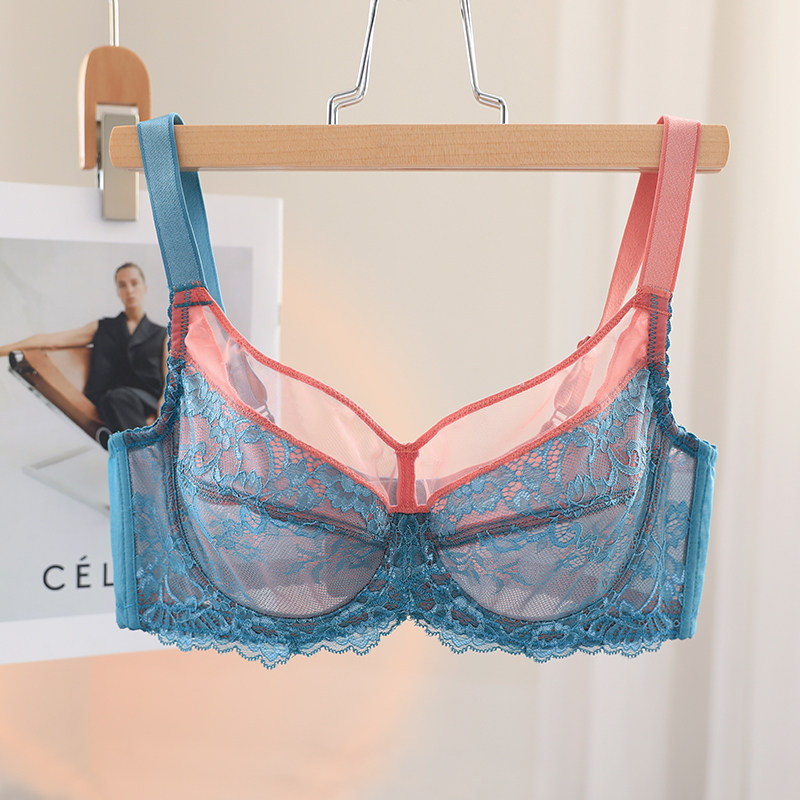 Underwear women's summer thin lace big breasts show small steel ring bra large size full cup anti-sagging ultra-thin bra