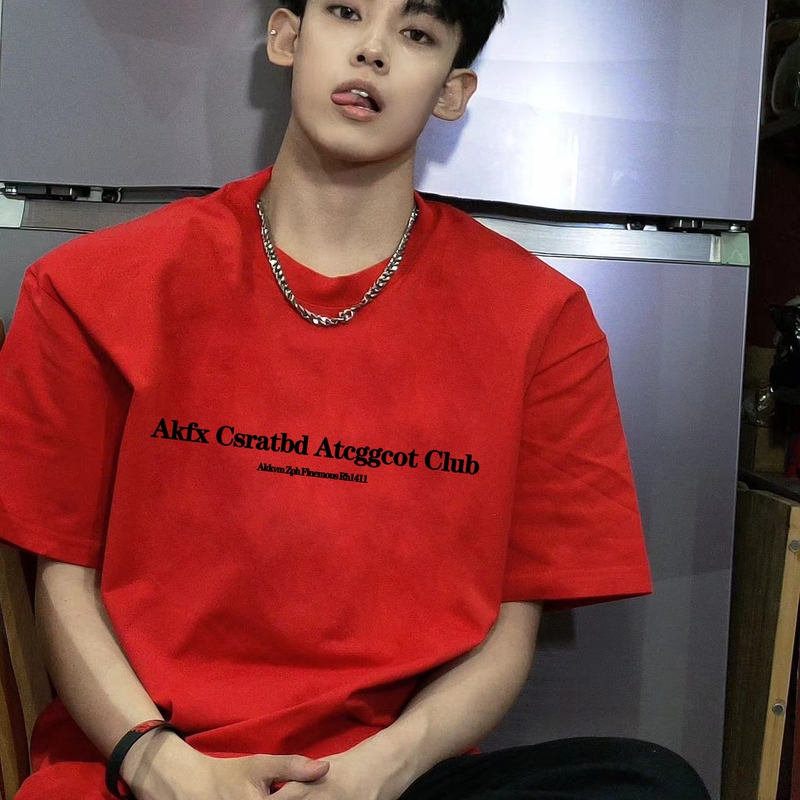 Fntk Trendy American Letter Print Red Short-Sleeved T-Shirt for Men, Summer Pure Cotton Loose Oversize Top