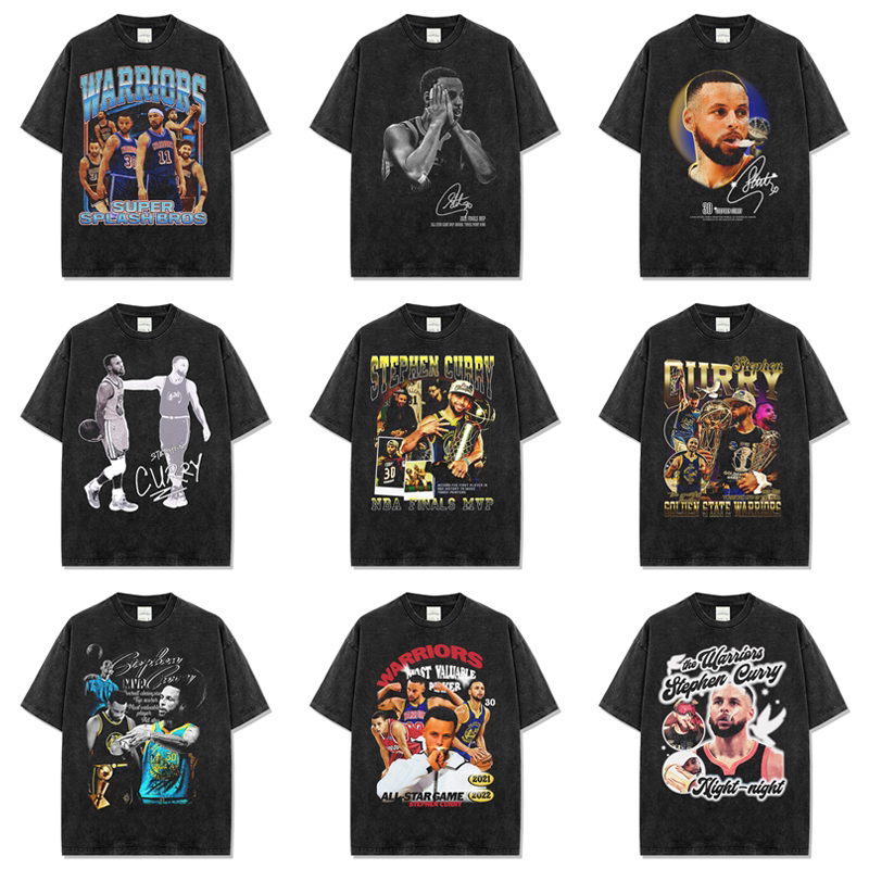 Vintage Heavyweight Pure Cotton American Retro Curry Print Short-Sleeve T-Shirt High Street Men's European and American Loose Trendy T-Shirt