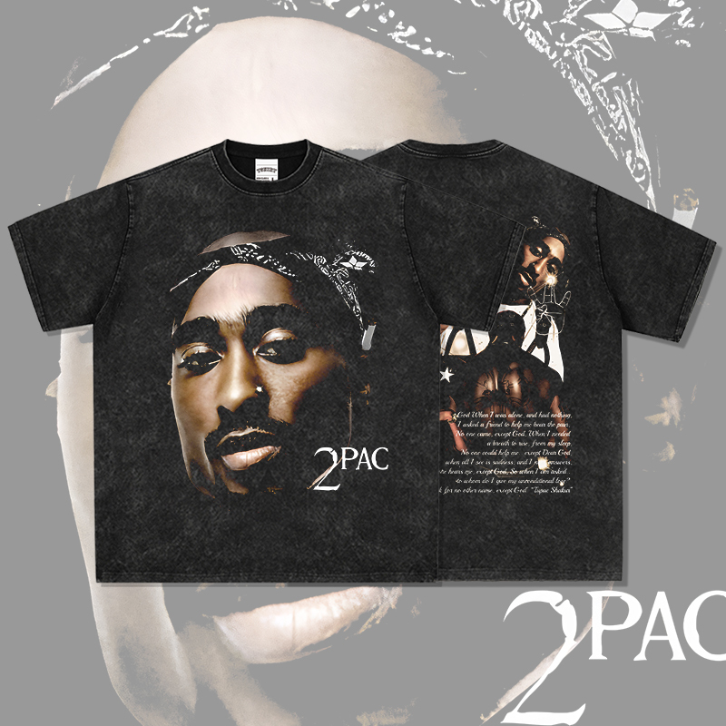 Bc Retro Hip-Hop Tupac Double-Sided Batik Print Short-Sleeved T-Shirt Washed Heavy Cotton Round Neck Hooded Sweatshirt