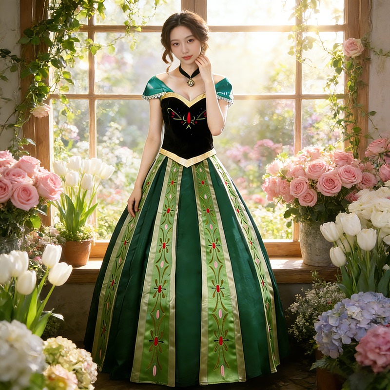 Frozen! Adult Anna Princess Dress Cosplay Green Embroidered Dress Disney Anna Long Dress