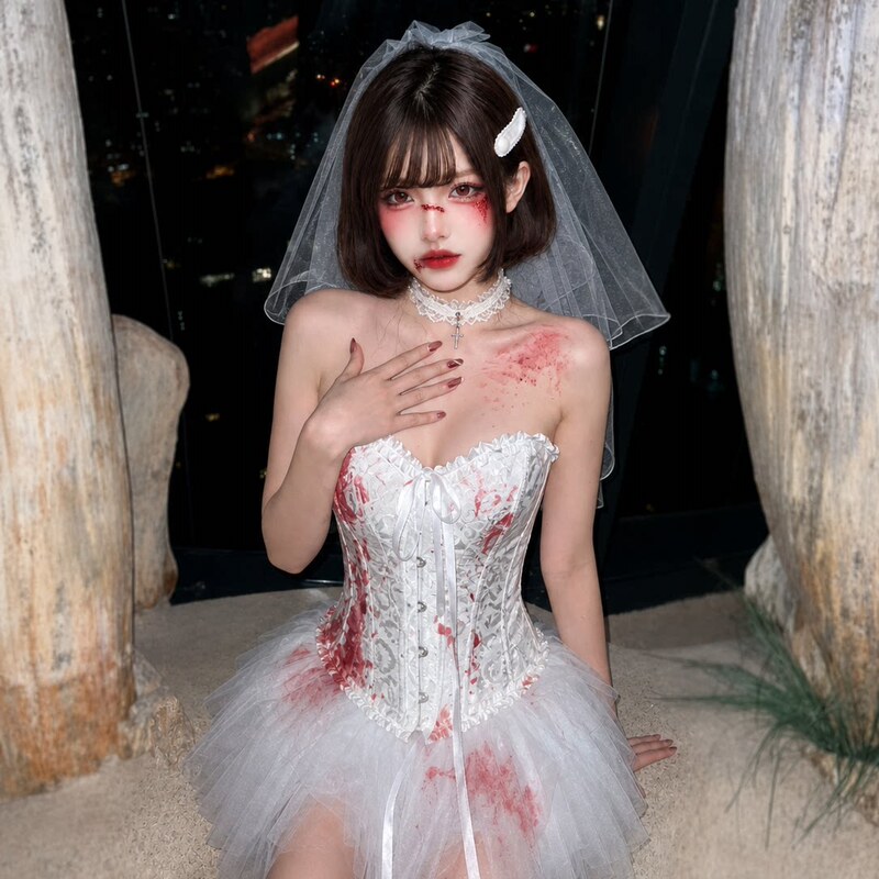Ghost Bride Cosplay Costume Halloween Women's Angel Costume White Swan Cosplay Feather Wings Set for Adults