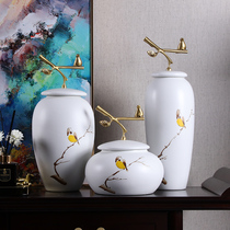New Chinese-style Jingdezhen Ceramic Countertop Vase Florator Bronze Bird New House Hotel Xuanguan Living Room TV Cabinet Hem
