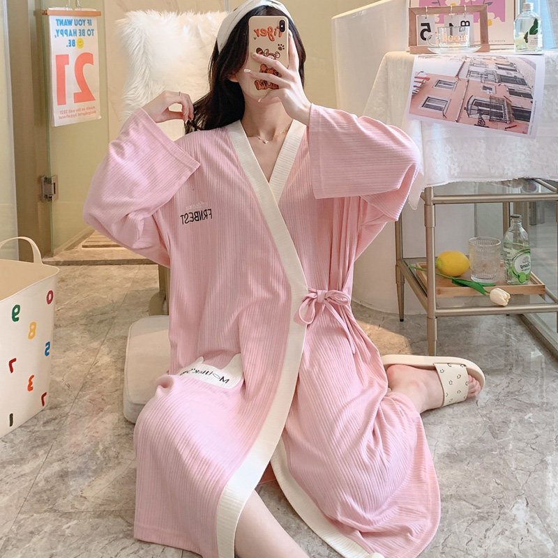 Cotton kimono pajamas women's spring and autumn long-sleeved nightgown plus fertilizer plus size fat MM200 jin long version pregnant women bathrobe