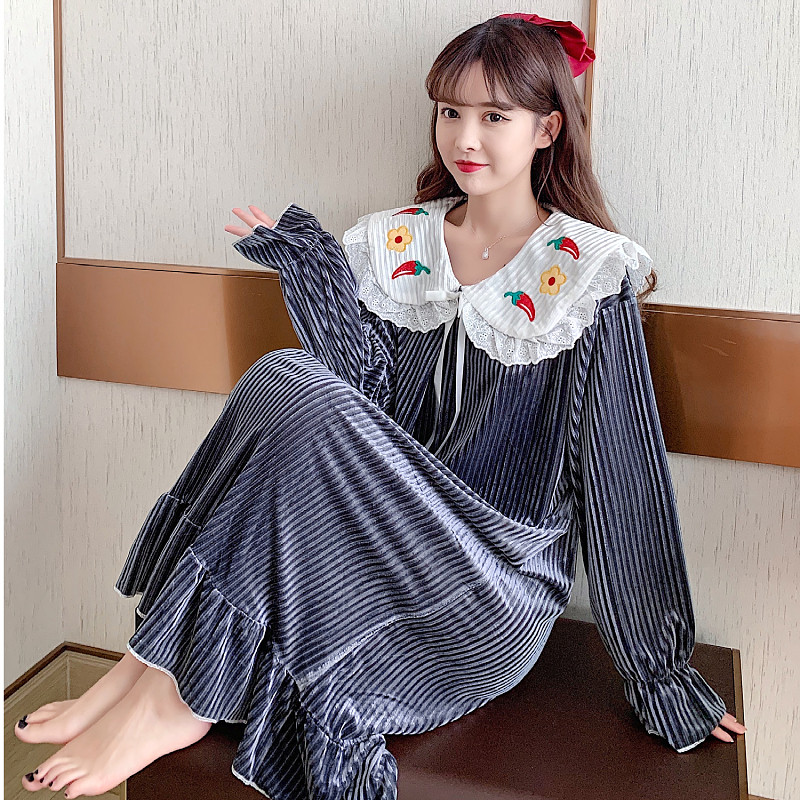 Gold velvet nightdress women's spring and autumn long-sleeved sweet plus fat plus size fat MM200 jin loose long version pajamas women's winter