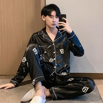 Ice Silk Sleepwear Mens Spring Autumn Long Sleeves Net Red Plus Fat Increase Code 200 Catty Loose Thin And Genuine Silk Home Suit Suit