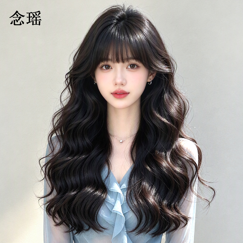 Long Wavy Wig for Women, Full Head, Real Hair, Natural Invisible Lace with Bangs, Everyday Wig