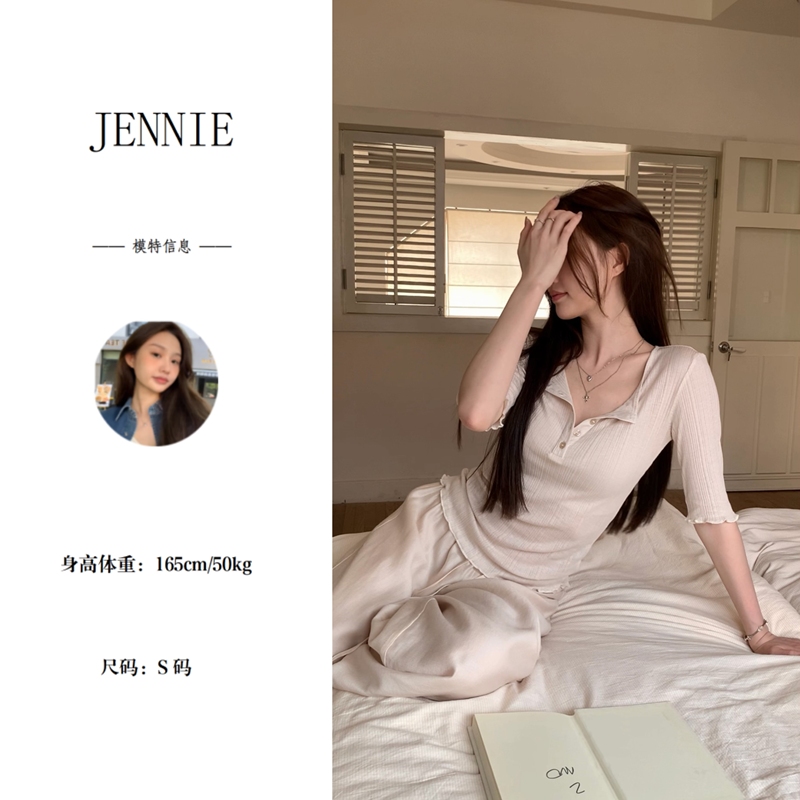 Spring and Summer New Style Pure Desire Button Half-Open Collar Wave Edge Sheer Mask T-Shirt Mid-Sleeve Regular Shoulder Casual Slim Fit Top
