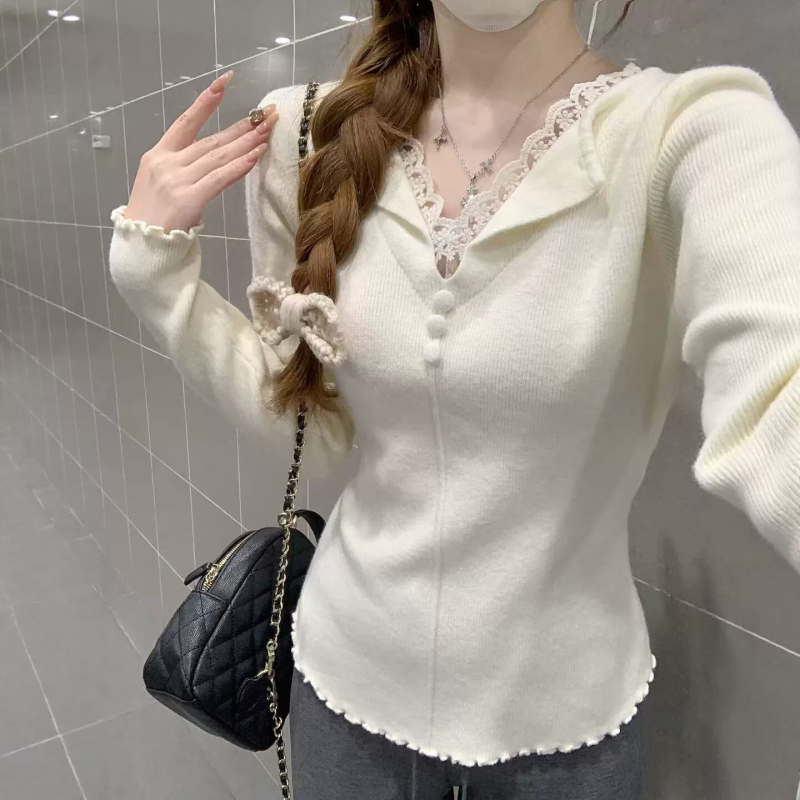 Lace Patchwork Lapel Long-Sleeve Slim-Fit Knit Top for Women, New Autumn Style, Faux Two-Piece Ruffled Base Shirt