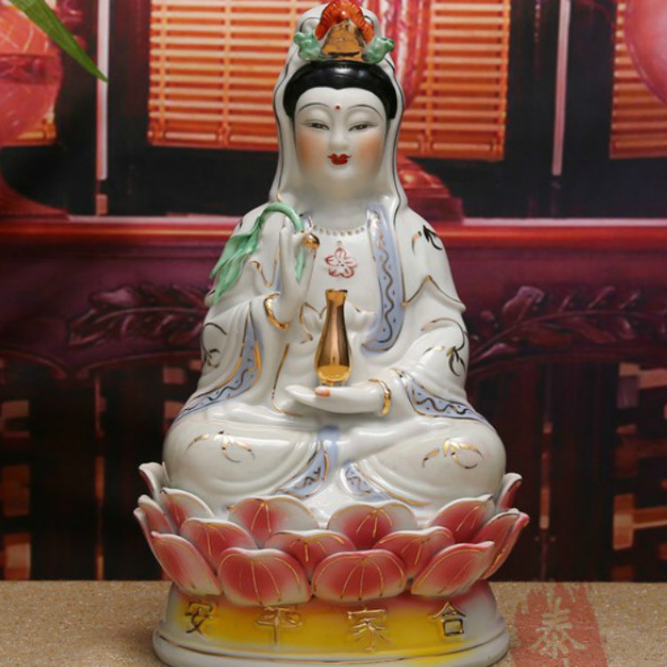 Figure mounted Tibetan Colored Guanyin Lotus seated statue Ceramic offering Home Guanyin Porcelain offering statue of God ornament