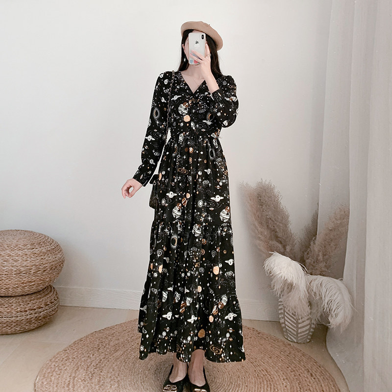 Chiffon dress V-neck black floral skirt 170 tall royal sister style long skirt spring dress 2021 new
