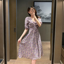 Fa-style first love long dress 2021 Summer new sweet and temperamental v collar Waist Purple Small Crummy Snowspun Dress