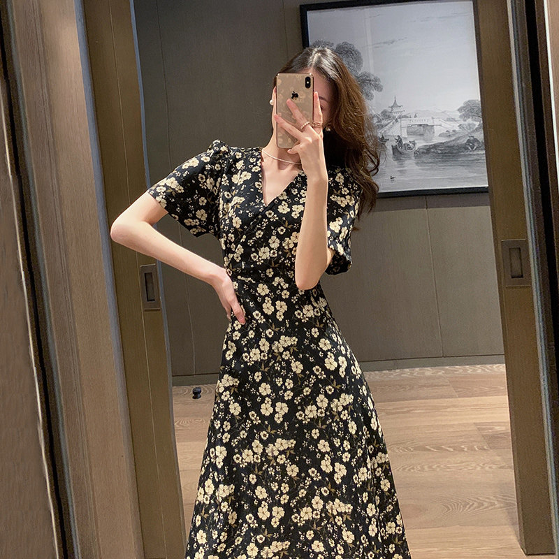 Tea Break Skirt French Retro 2022 Summer New Gentle Wind Bellflower Skirt V-neck Waist Floral Chiffon Dress