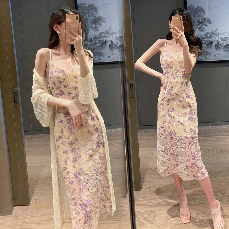 2021 summer new sexy lace mesh floral dress summer long version of suspender skirt design sense