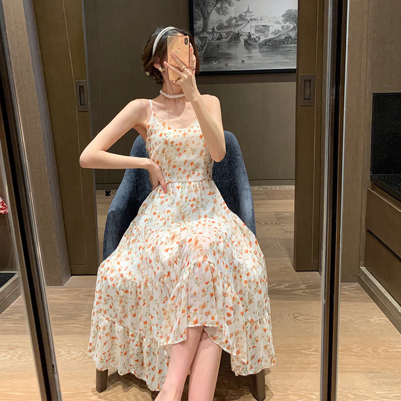 Sling floral dress waist 2021 summer new V-neck sweet small fresh chiffon skirt long version a-line skirt
