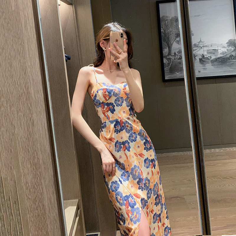 Beach skirt Sanya seaside vacation 2021 summer new French chiffon split long skirt suspenders floral dress