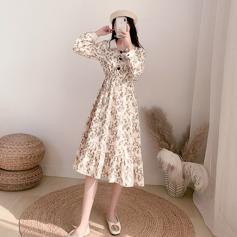 Floral dress French retro doll collar waist long skirt high waist fairy style 2021 early spring new women's clothing