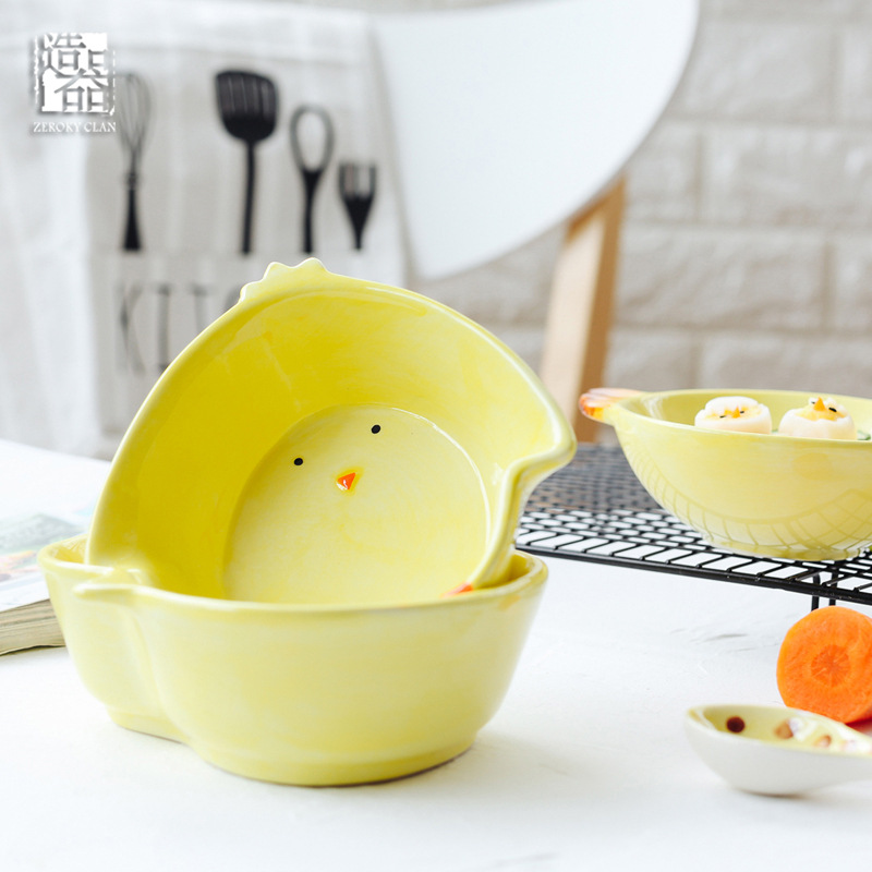 Express cartoon baby chicks eat rice bowl bowl dish of children assist food bowl of hand - made of ceramic tableware bowl dish plate